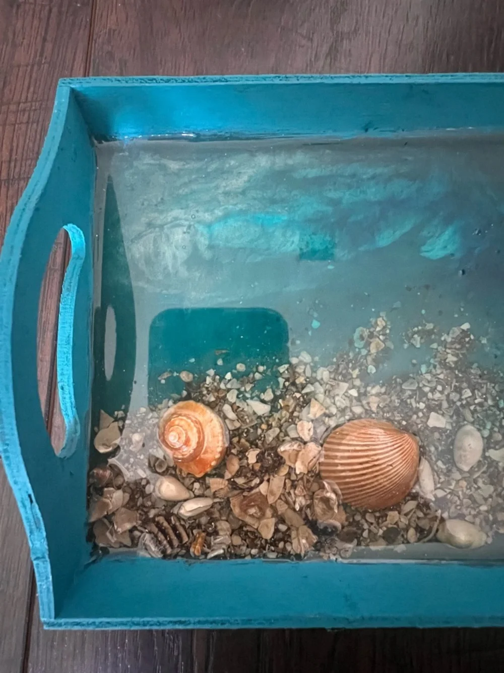 Teal Coastal Wooden Decorative Serving Tray with Shell Accent and Resin Ocean